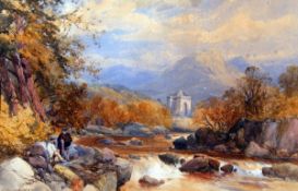 JAMES BURRELL SMITH (1822-1897, BRITISH) SCOTTISH FIGURES IN RIVER LANDSCAPE watercolour, signed and