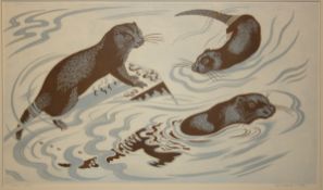 * CLIFFORD CYRIL WEBB, RE, RBA (1895-1972, BRITISH) OTTERS coloured linocut, signed, numbered 2/30