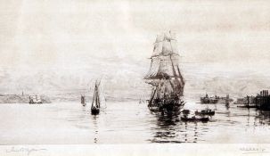 * HAROLD WYLLIE, OBE, RSMA (1880-1973, BRITISH) SHIPPING OFF A COAST drypoint etching, signed and