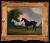 JOHN DEAN PAUL (1775-1852, BRITISH) TWO HORSES IN LANDSCAPE oil on canvas, signed and indistinctly