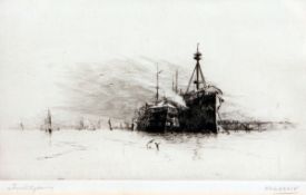 * HAROLD WYLLIE, OBE, RSMA (1880-1973, BRITISH) SHIPS AT ANCHOR drypoint etching, signed and