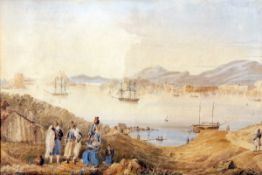 ENGLISH SCHOOL (19TH CENTURY) A VIEW OF THE TOWN OF CORFU, WITH A GROUP OF GREEK PEASANTS TO