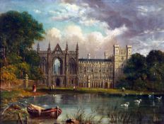 CLAUDE T STANFIELD MOORE (1853-1901, BRITISH) NEWSTEAD ABBEY oil on panel, signed lower right and