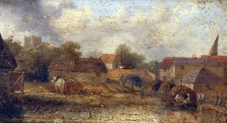 ENGLISH SCHOOL (19TH CENTURY) RIVER AND TOWN WITH FIGURES oil on panel 8 x 14ins