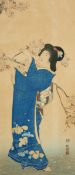 JAPANESE SCHOOL (19TH CENTURY) LADY BY BLOSSOM TREE coloured woodblock 14 ½ x 6ins