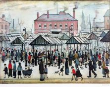 * LAURENCE STEPHEN LOWRY (1887-1976, BRITISH) MARKET SCENE IN A NORTHERN TOWN coloured print,
