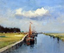 * IAN HOUSTON (BORN 1934, BRITISH) HARBOUR ENTRANCE – EDAM oil on board, signed lower left and