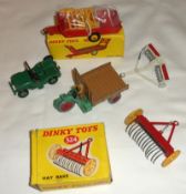 DINKY TOYS NO 320 ETC, five Agricultural Vehicles including a good Red boxed 320 Farm Trailer with