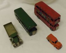 TRI-ANG MINIC, a Double Decker Bus, one Lorry, one further Single Decker Bus plus a Plastic Van, all