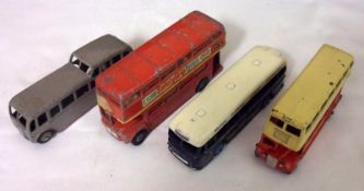 DINKY TOYS NOS 29C, 29F, 283 AND 289, four playworn Buses including a Red and Cream Double Decker