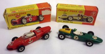 DINKY TOYS NO 242 AND 243, two boxed Racing Cars, a Red 242 Ferrari in fair condition, in a poor