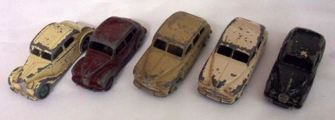 DINKY TOYS NO 40 SERIES, five playworn (one repainted) 40 Series British Cars including 40A Riley