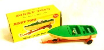 DINKY TOYS NO 796, a very good boxed Green, Cream and Orange (trailer) Healey Sports Boat on