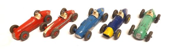DINKY TOYS NO 23 SERIES RACING CARS, five early playworn Racing Cars including Alfa, Ferrari, HWM,