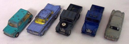 CORGI TOYS NOS 406 etc, five playworn (one repainted) Corgi Vehicles including two Land Rovers, a