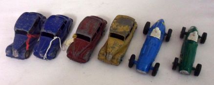 DINKY TOYS, six Toys including rare colour variations but scruffy Dinky Saloons, together with two