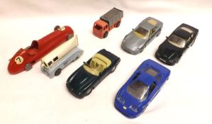 TRI-ANG MINIC TOYS ETC, seven assorted Models including rare Tri-ang Macleans Toothpaste Van (