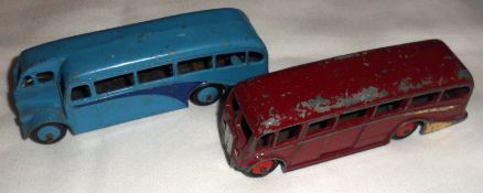 DINKY TOYS NO 29 SERIES, two playworn Coaches, a two-tone Blue 28E Half Cab Coach; together with a