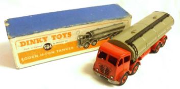 DINKY TOYS (SUPERTOYS) NO 504, a slightly worn boxed Red and Fawn 2nd Type Foden 14-ton Tanker in