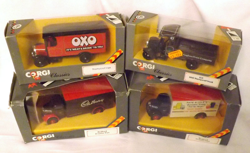 CORGI CLASSICS TRUCKS NOS 820, 822 AND 915, four mint boxed Thornycroft and Bedford Vans