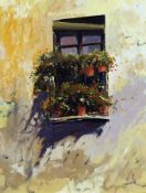 * JEREMY BARLOW, AROI (BORN 1945) FRENCH WINDOW WITH PLANTS oil on board, signed lower left 11 x