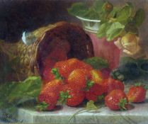 ELOISE HARRIET STANNARD (1828-1915) STRAWBERRIES, BASKET AND PORCELAIN VASE ON A MARBLE LEDGE oil on