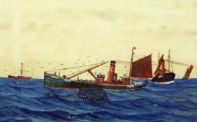 TOM SWAN (19TH/20TH C) THE LOWESTOFT TRAWLERS YH574 AND YH675 AT SEA watercolour and gouache,