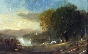 THOMAS CHURCHYARD (1798-1865) WOODED RIVER LANDSCAPE oil on board 4 x 6ins