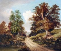 JOHN BERNEY LADBROOKE (1803-1879) RURAL LANDSCAPE WITH FIGURE ON HORSEBACK IN A LANE oil on panel 10