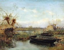 E S (19TH C) NORFOLK RIVER SCENE oil on canvas, monogrammed lower right 16 ½ x 21ins