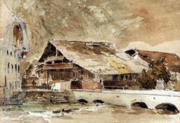 EDWARD THOMAS DANIELL (1804-1842) HOUSES AND BRIDGE, SWITZERLAND pencil and watercolour 7 ½ x