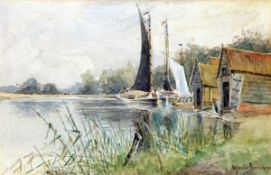 WILLIAM LESLIE RACKHAM (1864-1944) WHERRIES AND BOATHOUSES ON THE BROADS watercolour, signed lower