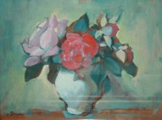 * HORACE W TUCK (1876-1951) ROSES IN A BLUE JUG oil on board, signed lower left 8 x 10ins