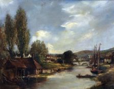 * ARTHUR EDWARD DAVIES, RBA, RCA (1893-1988) RIVERSIDE, NORWICH (NEAR PULLS FERRY) oil on board,