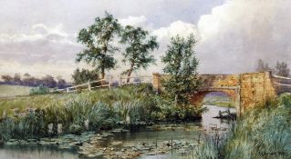 CHARLES HARMONY HARRISON (1842-1902) A NORFOLK RIVER LANDSCAPE WITH OLD BRICK BRIDGE watercolour,