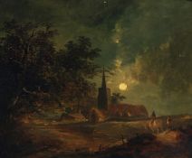 CIRCLE OF ALFRED STANNARD (1906-1889) MOONLIT LANDSCAPE WITH CHURCH AND FIGURES oil on canvas, 10