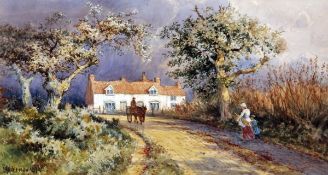 CHARLES HARMONY HARRISON (1842-1902) FIGURES, HORSE AND TRAP BEFORE A COUNTRY COTTAGE, APPROACHING