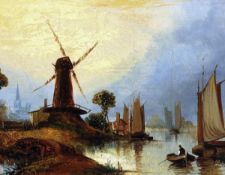 JOSEPH PAUL (1804-1884) RIVER LANDSCAPE WITH FIGURE, BOATS AND WINDMILL oil on panel 8 x11ins