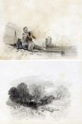 HENRY BRIGHT (1810-1873) YOUNG BOYS WITH TOY BOAT; BARN IN LANDSCAPE pair of pencil drawings 3 ½ x 4