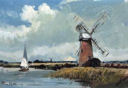 * ROY PETLEY (BORN 1951) BROADLAND LANDSCAPE WITH SAILING BOAT PASSING A MILL oil on board, signed