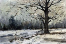 * ROY PETLEY (BORN 1951) WINTER LANDSCAPE oil on canvas, signed lower right 11 ½ x 17 ½ins