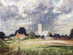 * DAVID BIRCH, ROI (BORN 1945) NORFOLK VILLAGE, ALDEBY oil on board, signed lower right 17 x 23ins