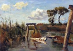 * BERTRAM PRIESTMAN (1861-1951) A SLUICE GATE oil on canvas laid to panel, unsigned 9 ½ x 13 ½ins