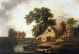 NORWICH SCHOOL (19TH C) RIVER LANDSCAPE WITH FIGURE IN A BOAT BY A COTTAGE oil on canvas 20 x 29ins