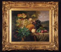 ELOISE HARRIET STANNARD (1828-1915) STILL LIFE STUDY OF MIXED FRUIT ON A MARBLE LEDGE, LANDSCAPE