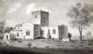 JAMES SILLETT (1764-1840) SOUTH EAST VIEW OF GRESSENHALL CHURCH sepia watercolour 5 x 8 ½ins