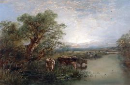ALFRED GEORGE STANNARD (1828-1885) RIVER LANDSCAPE WITH CATTLE WATERING oil on canvas 8 x 12ins