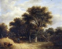 JOHN BERNEY LADBROOKE (1803-1879) WOODED LANDSCAPE WITH FIGURE AND DONKEYS IN A LANE oil on panel