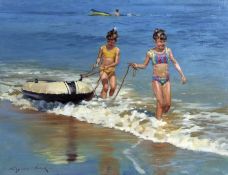 * RAYMOND LEECH (BORN 1949) CHILDREN WITH INFLATABLE BOAT AT WATER’S EDGE oil on board, signed lower