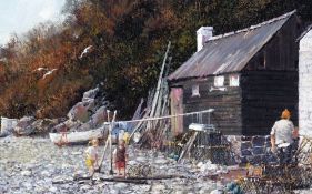 * CLIVE MADGWICK, RBA (1934-2005) CHILDREN AND FISHERMEN BEFORE A COTTAGE oil on canvas, signed